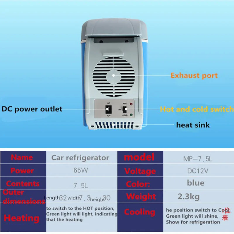 Mini Electric 7.5L Car Refrigerator 12V Input